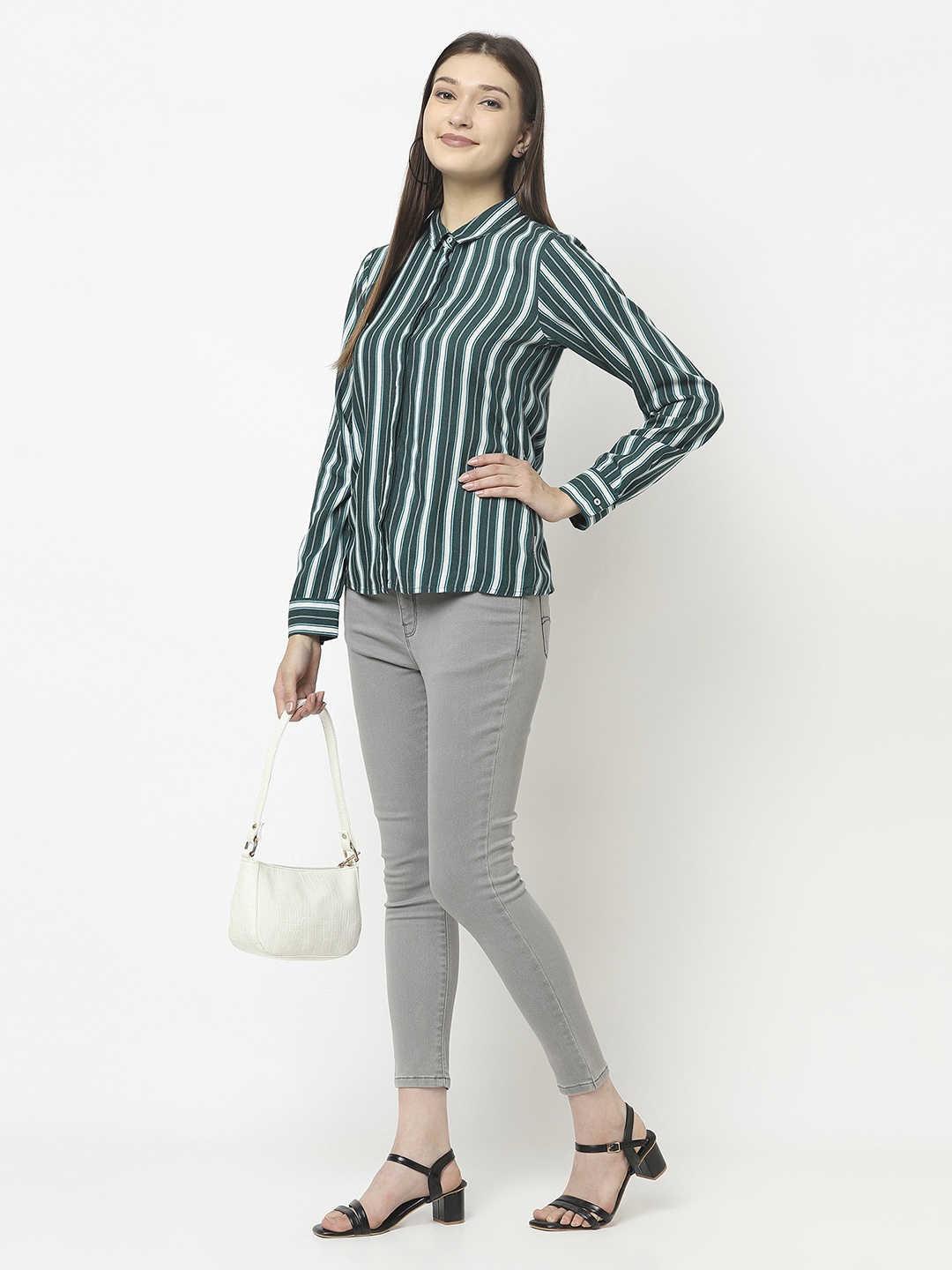 

Crimsoune Club Women Green Slim Fit Striped Casual Shirt