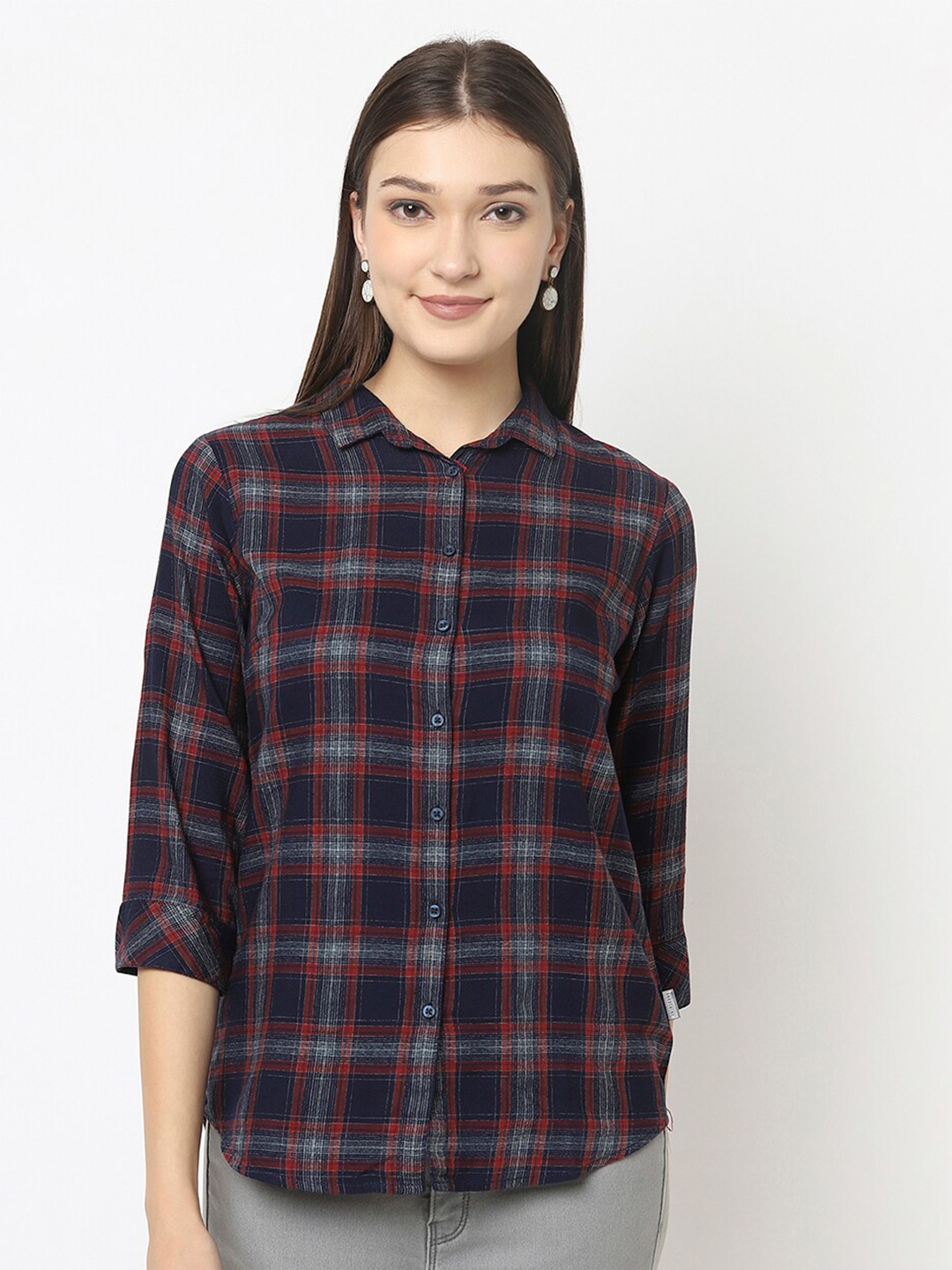 

Crimsoune Club Women Slim Fit Tartan Checks Checked Casual Shirt, Navy blue