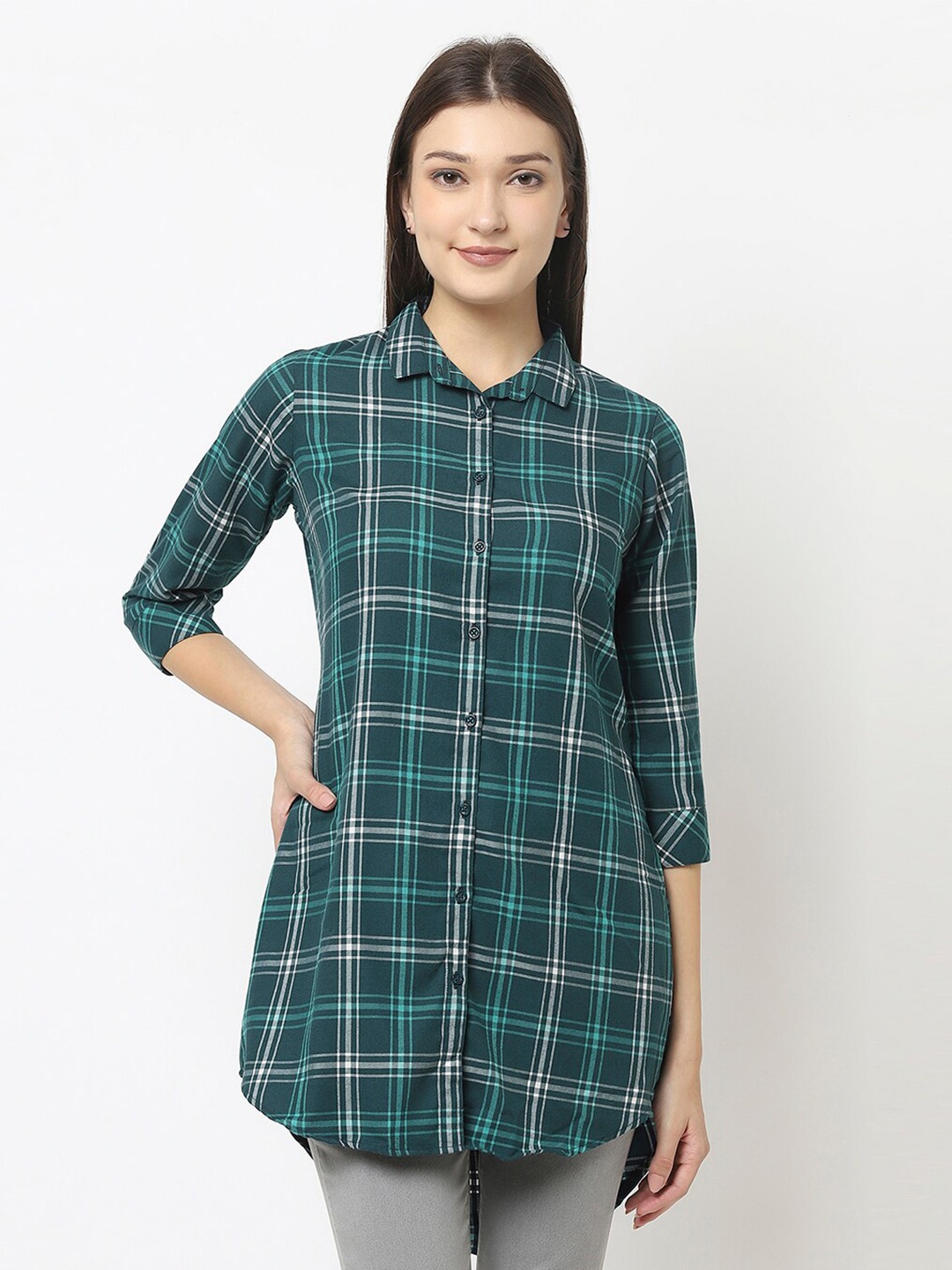 

Crimsoune Club Women Green Slim Fit Tartan Checks Checked Casual Shirt