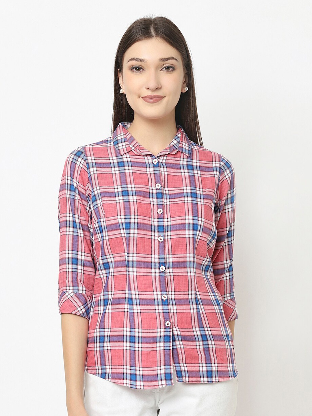 

Crimsoune Club Women Slim Fit Tartan Checks Checked Casual Shirt, Pink