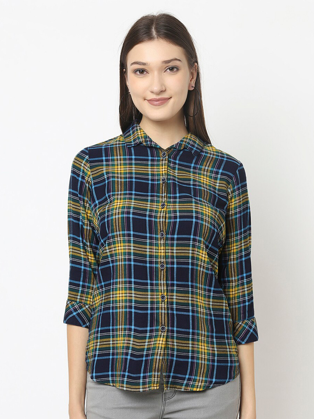 

Crimsoune Club Women Navy Blue & yellow Slim Fit Tartan Checks Checked Casual Shirt