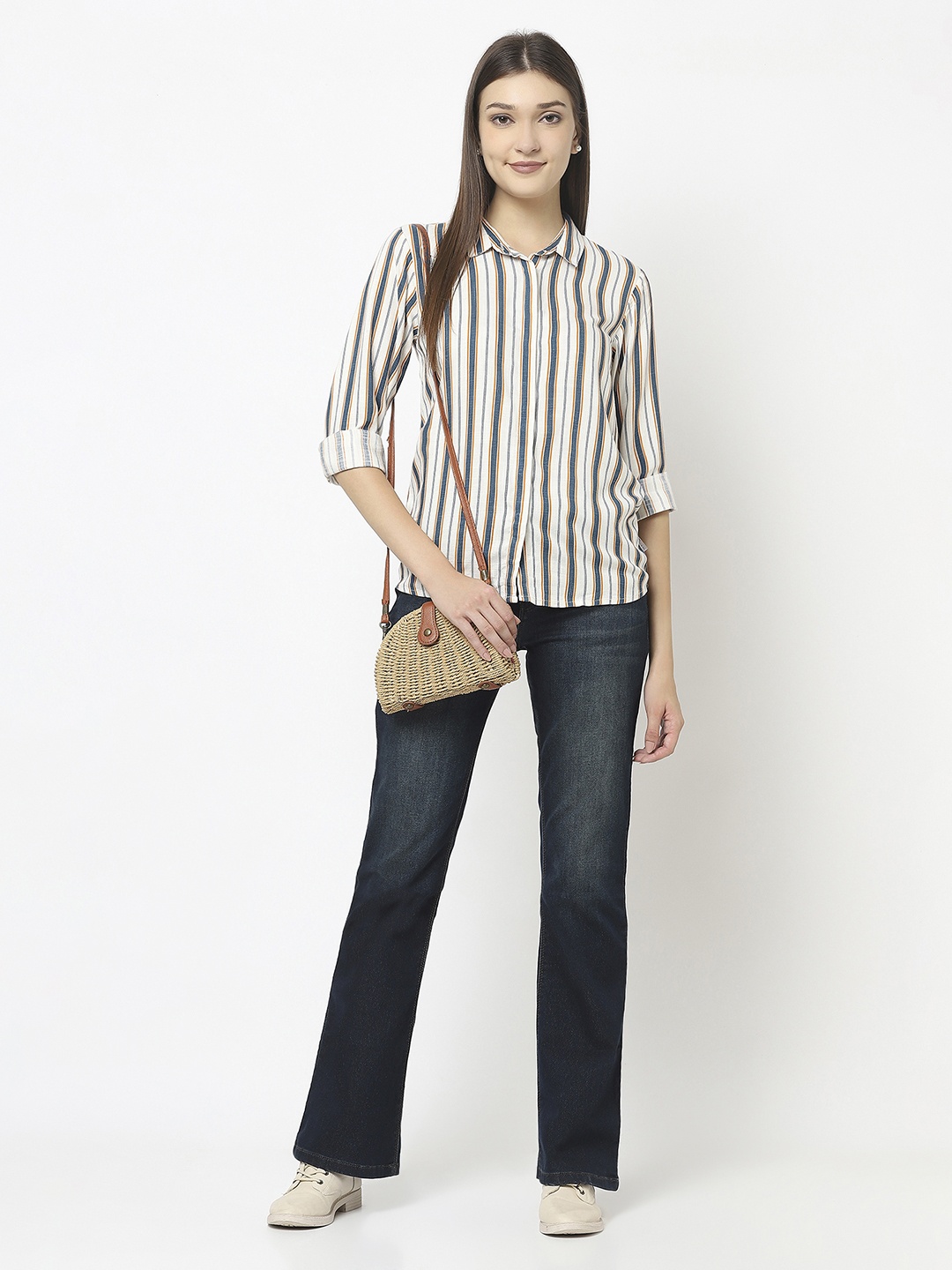 

Crimsoune Club Women White & Blue Slim Fit Striped Casual Shirt