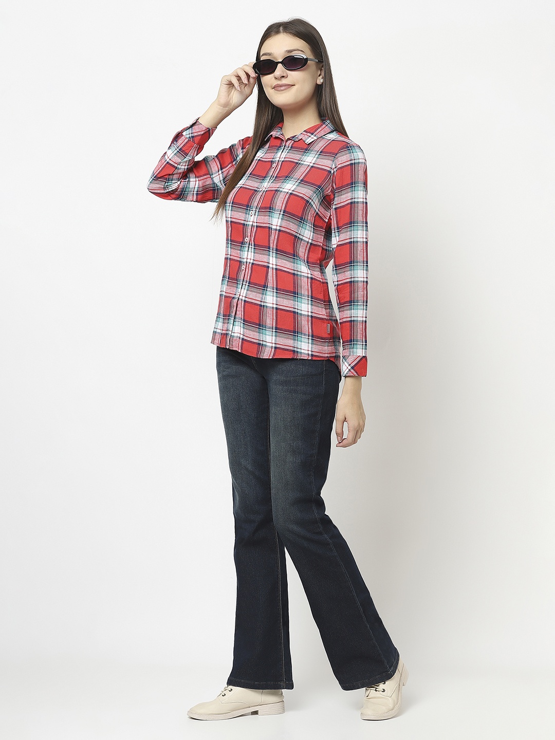 Crimsoune Club Women Red Slim Fit Tartan Checks Checked Casual Shirt