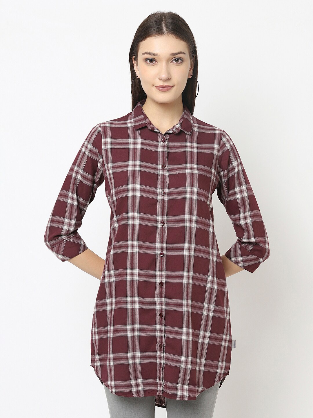 

Crimsoune Club Women Maroon & White Tartan Checks Checked Pure Cotton Casual Shirt