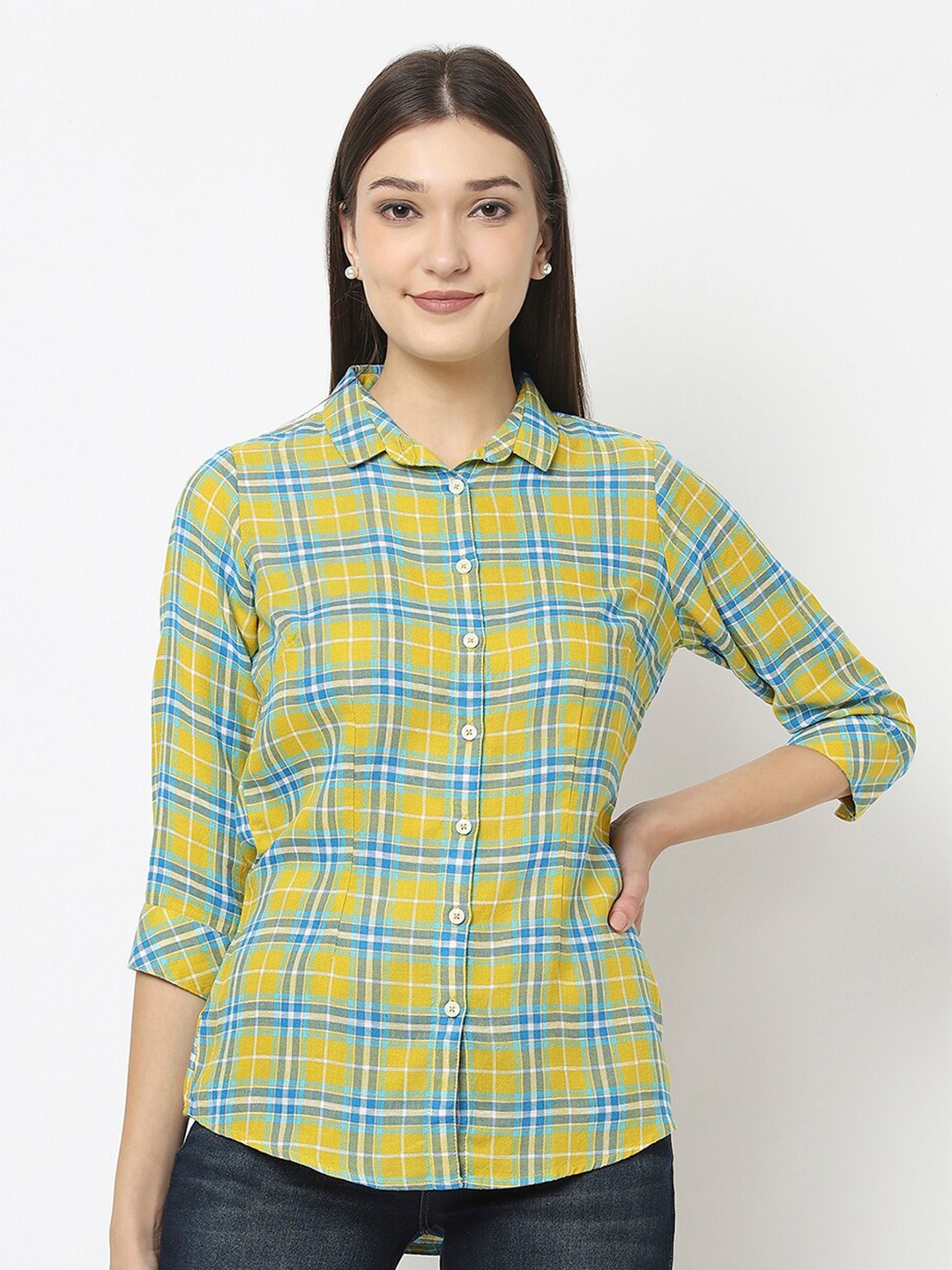 

Crimsoune Club Women Yellow Slim Fit Tartan Checks Checked Casual Shirt