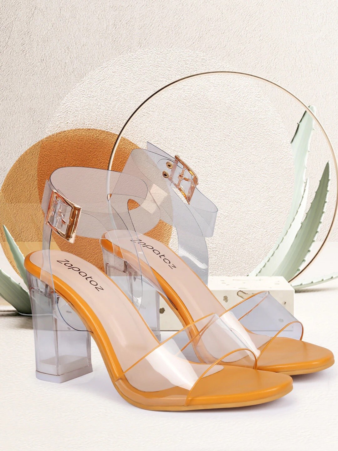 

ZAPATOZ Yellow PU Block Heels with Buckles