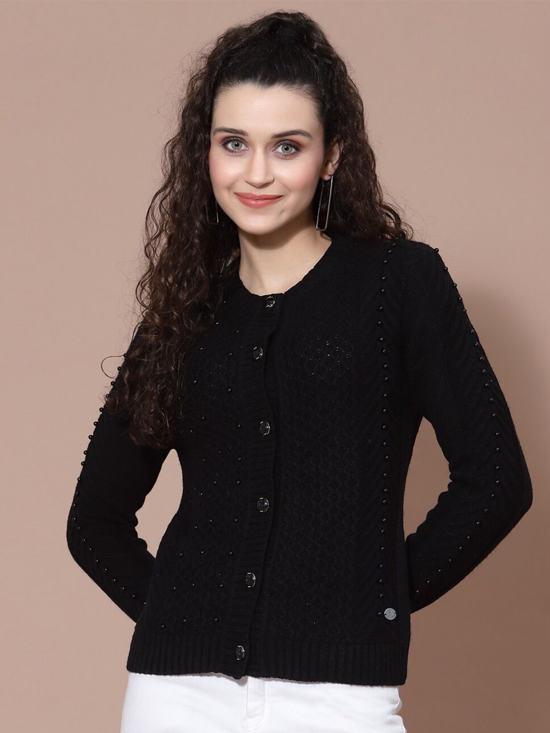 

Wool Trees Women Black Acrylic Beaded Cable Knit Cardigan Sweater