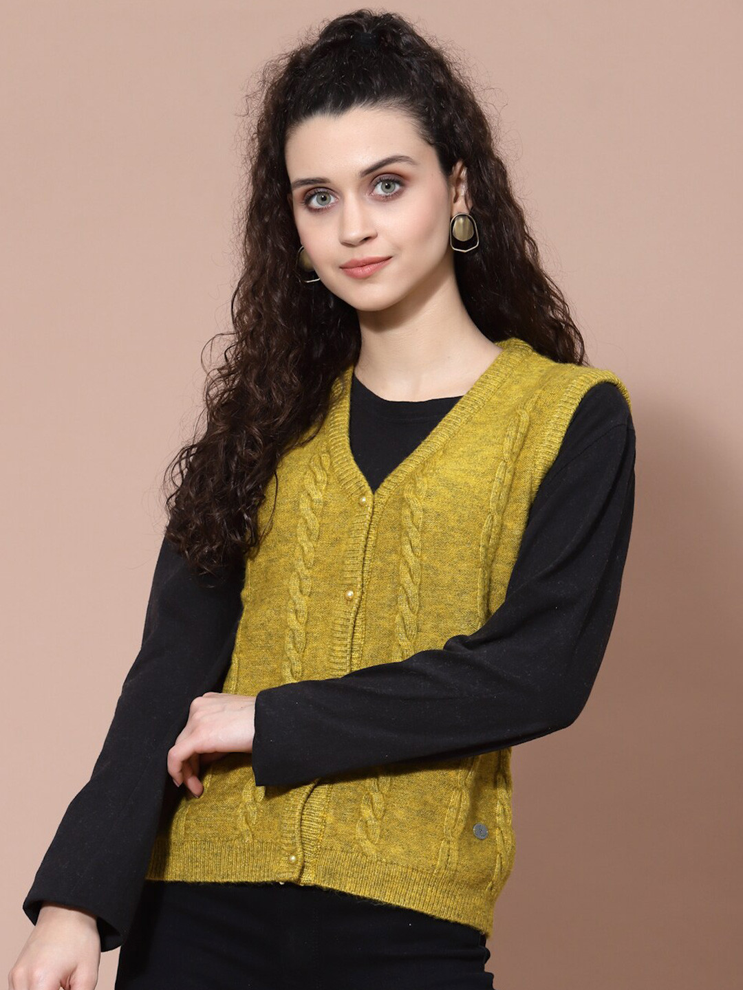 

Wool Trees Women Mustard Yellow Cable Knit Acrylic Cardigan