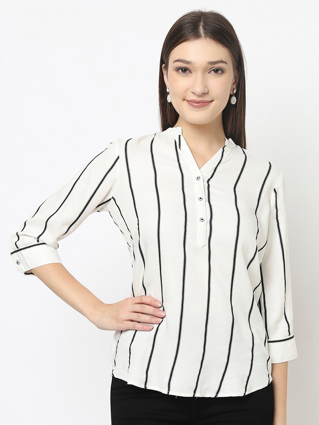 

Crimsoune Club Striped Henley Collar Top, White