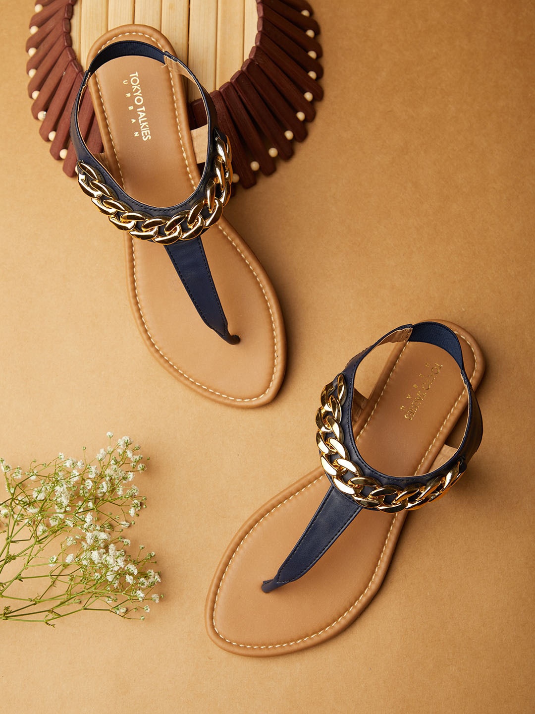 

Tokyo Talkies Women Navy Blue & Beige Open Toe T-Strap Flats