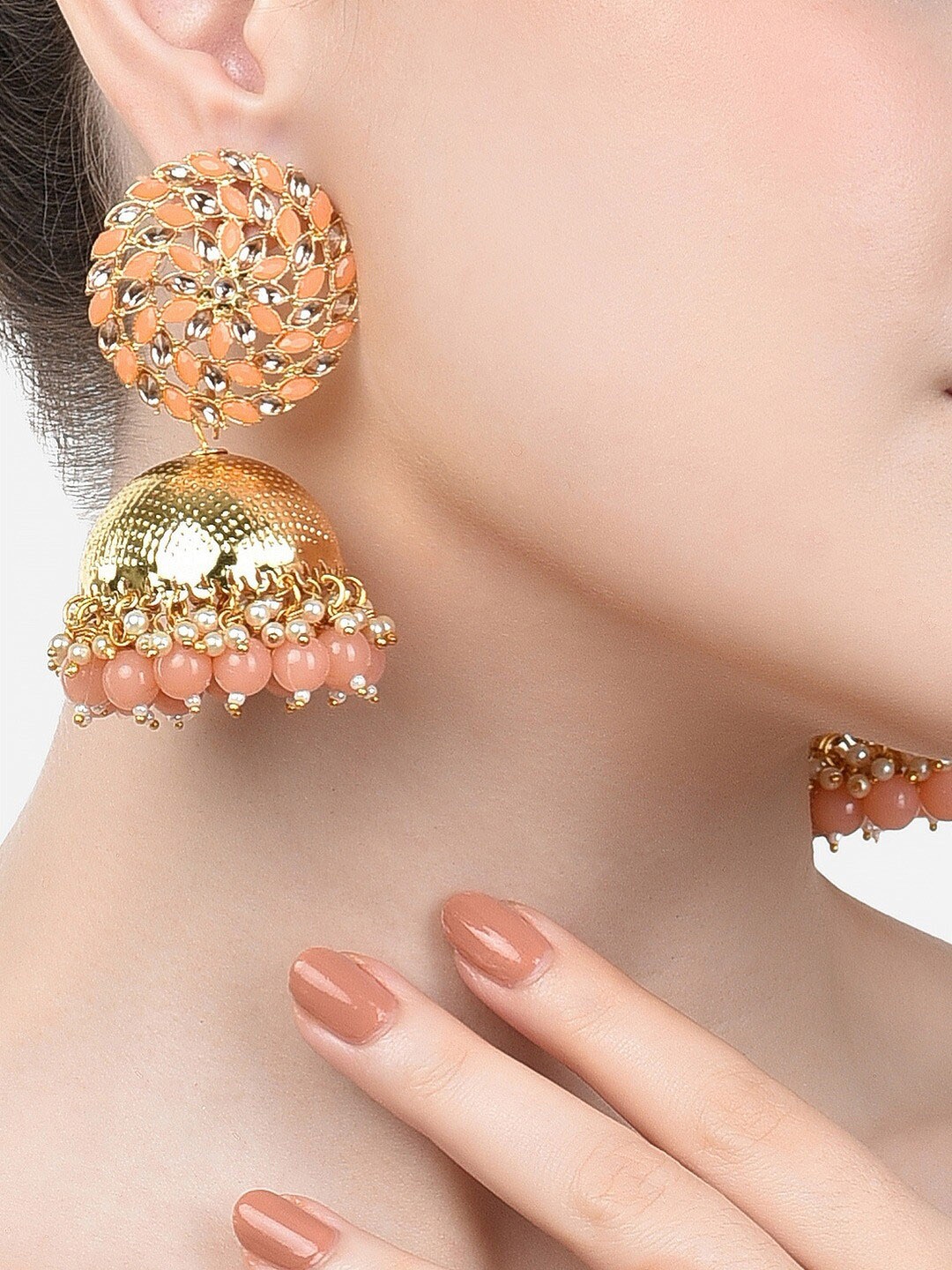 

Zaveri Pearls Peach-Coloured Contemporary Jhumkas Earrings