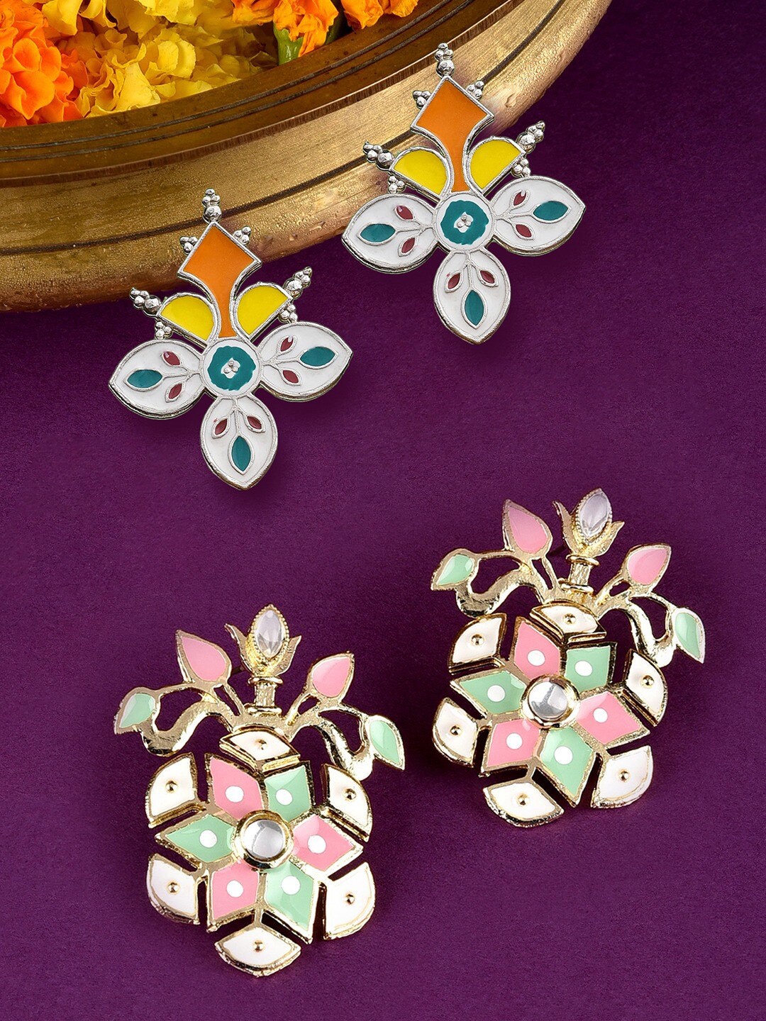 

Zaveri Pearls Set of 2 Meenakari Contemporary Stud Earrings, Multi