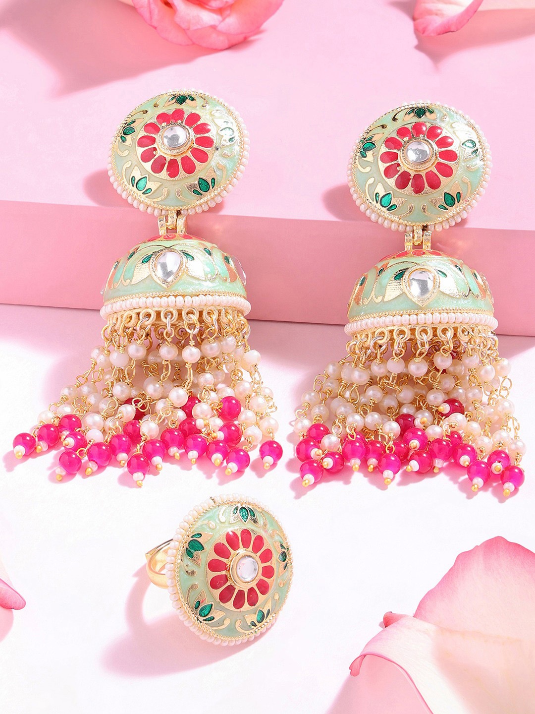 

Zaveri Pearls Gold-Plated Pink & Green Kundan-Studded Meenakari Jewellery Set