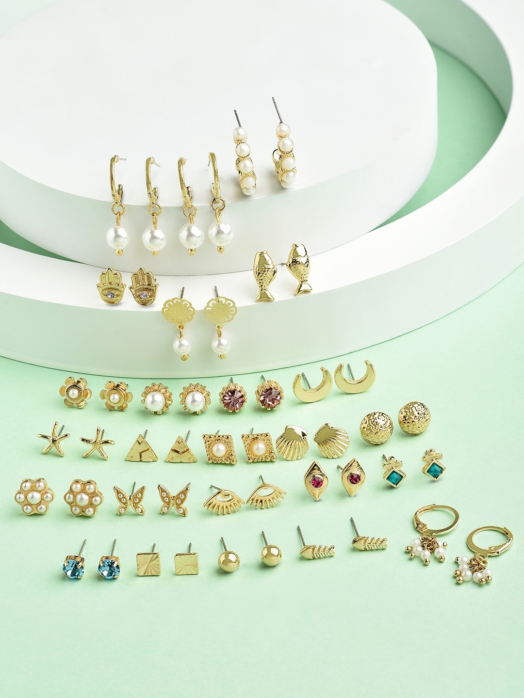 

Zaveri Pearls Set of 25 Contemporary Studs & Drop Earrings, Gold