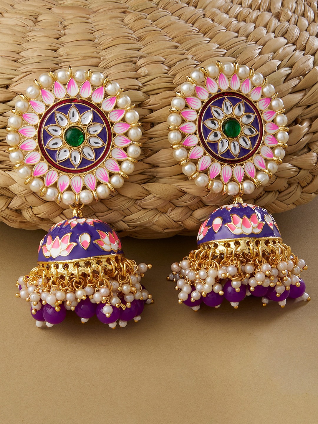 

Zaveri Pearls Women Pink & Violet Contemporary Jhumkas Earrings