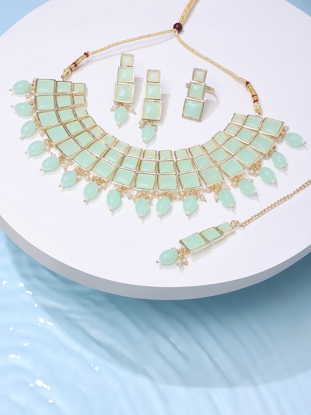 

Zaveri Pearls Women Green Gold-Plated Stones & Beaded Jewellery Set, Sea green