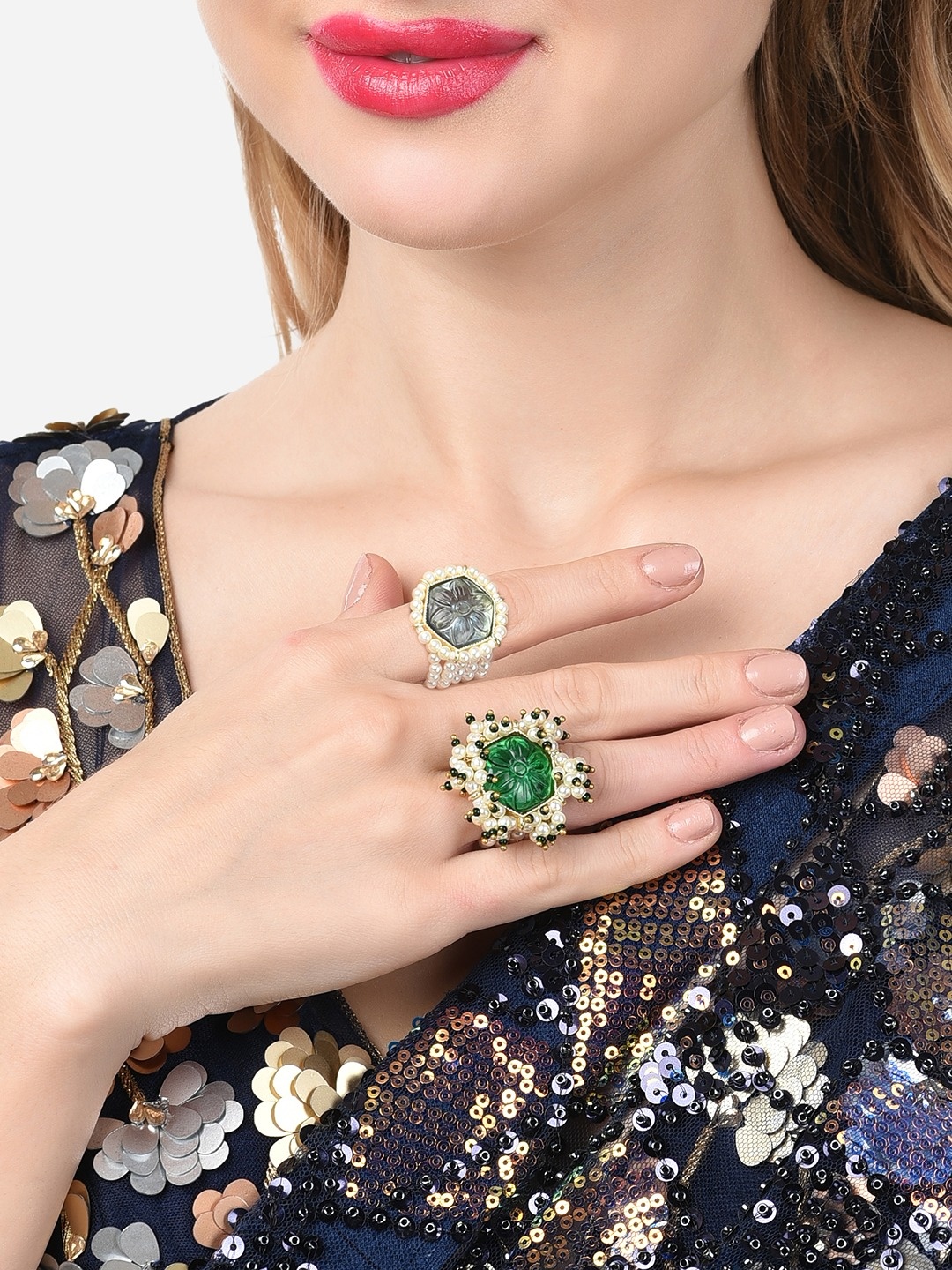 

Zaveri Pearls Set Of 2 Gold-Plated Green & Grey Pearl & Stone-Studded Finger Ring