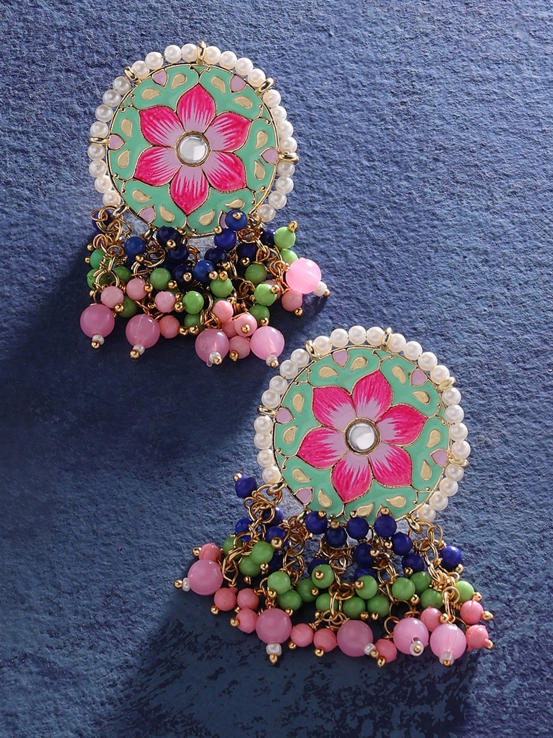 

Zaveri Women Pearls Pink & Blue Contemporary Drop Earrings