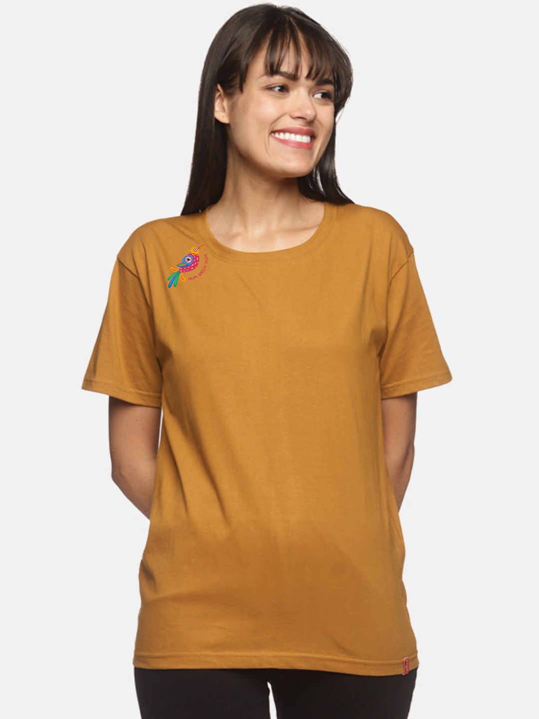 

NOT YET by us Women Mustard Yellow Cotton Round Neck T-shirt