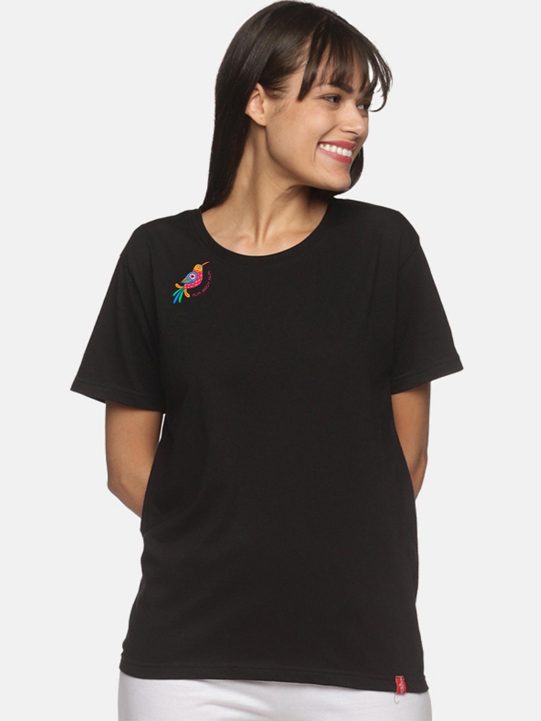 

NOT YET by us Women Black Drop-Shoulder Sleeves T-shirt