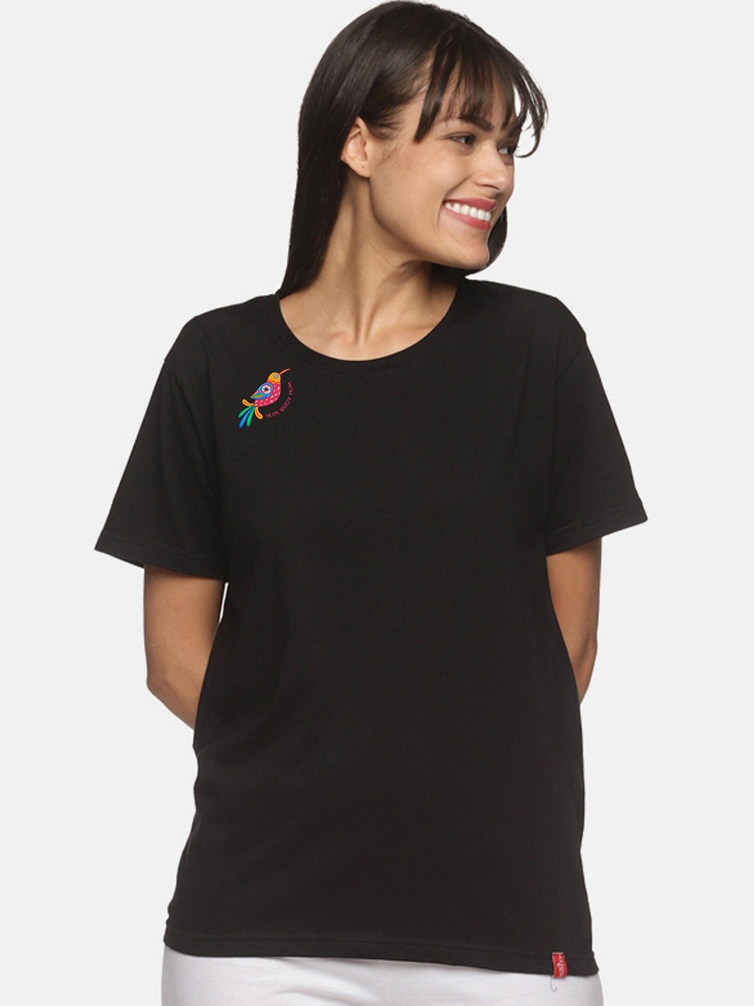

NOT YET by us Women Black Drop-Shoulder Sleeves T-shirt