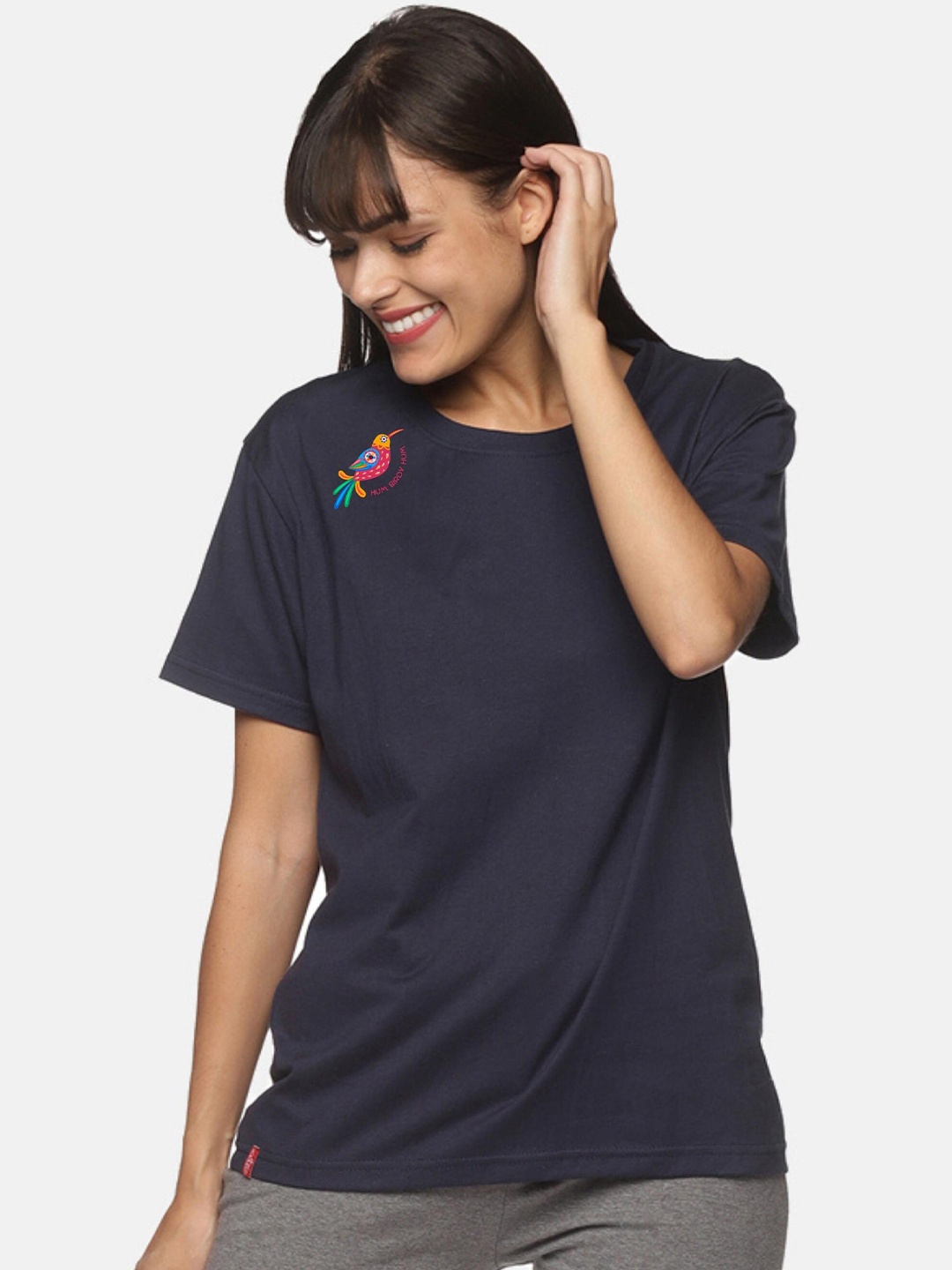 

NOT YET by us Women Navy Blue Round Neck Cotton T-shirt