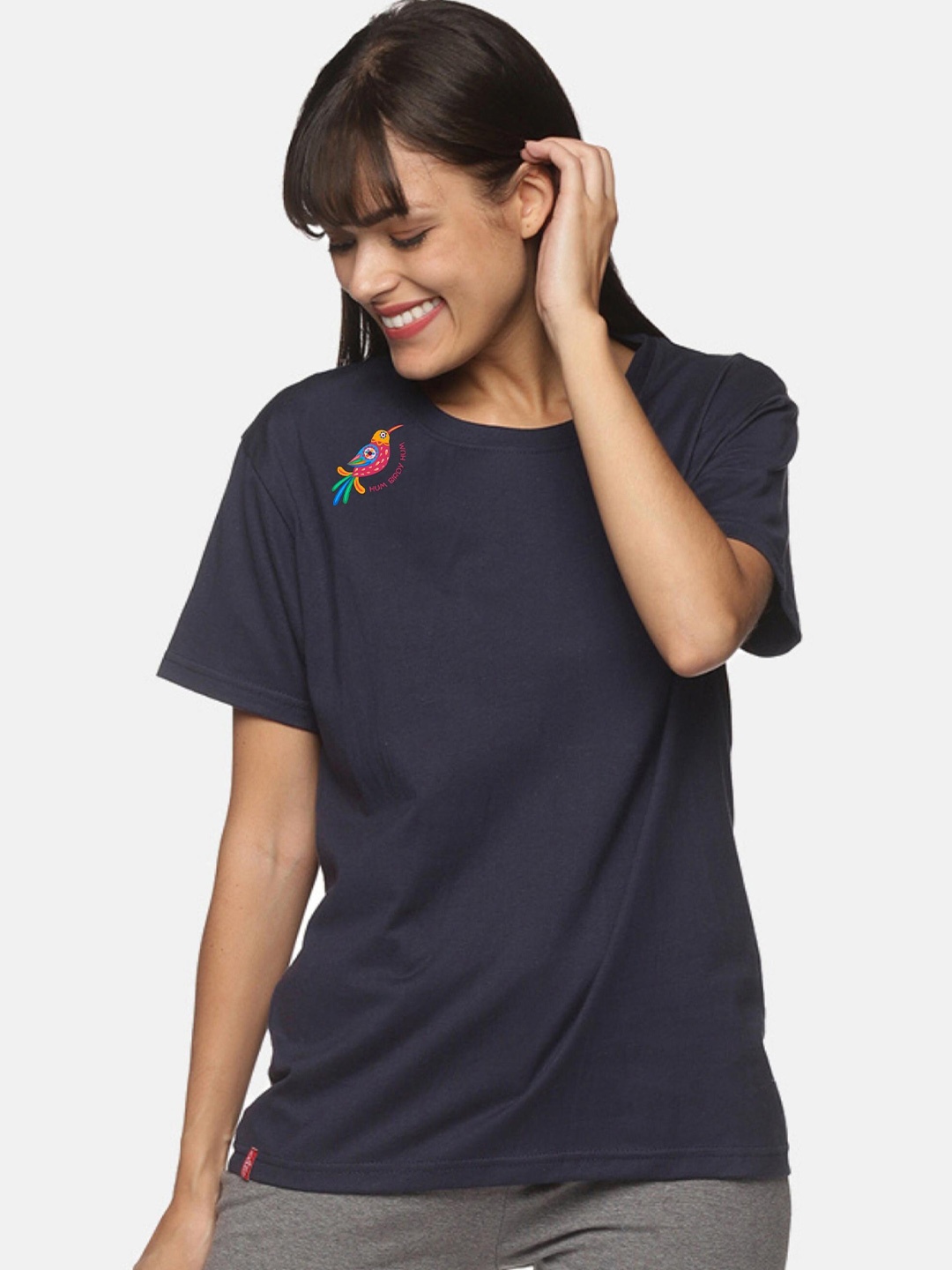 

NOT YET by us Women Navy Blue Cotton Round Neck T-shirt