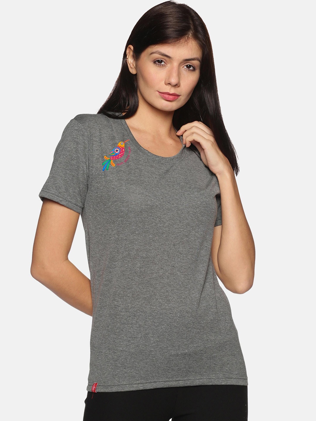 

NOT YET by us Women Grey Cotton Round Neck T-shirt