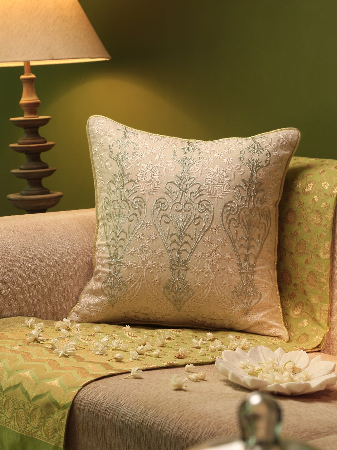 

Amoliconcepts Beige & Green Embroidered Square Cushion Covers