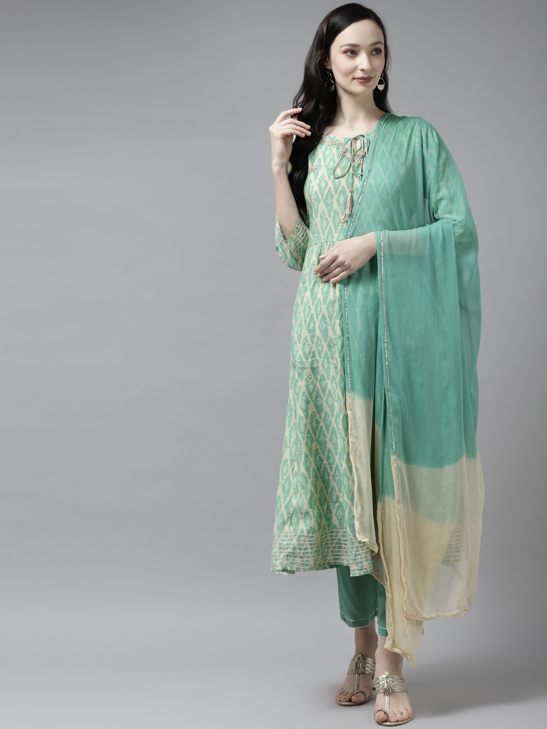

Yufta Women Sea Green Printed Thread Work Kurta With Trousers & With Dupatta
