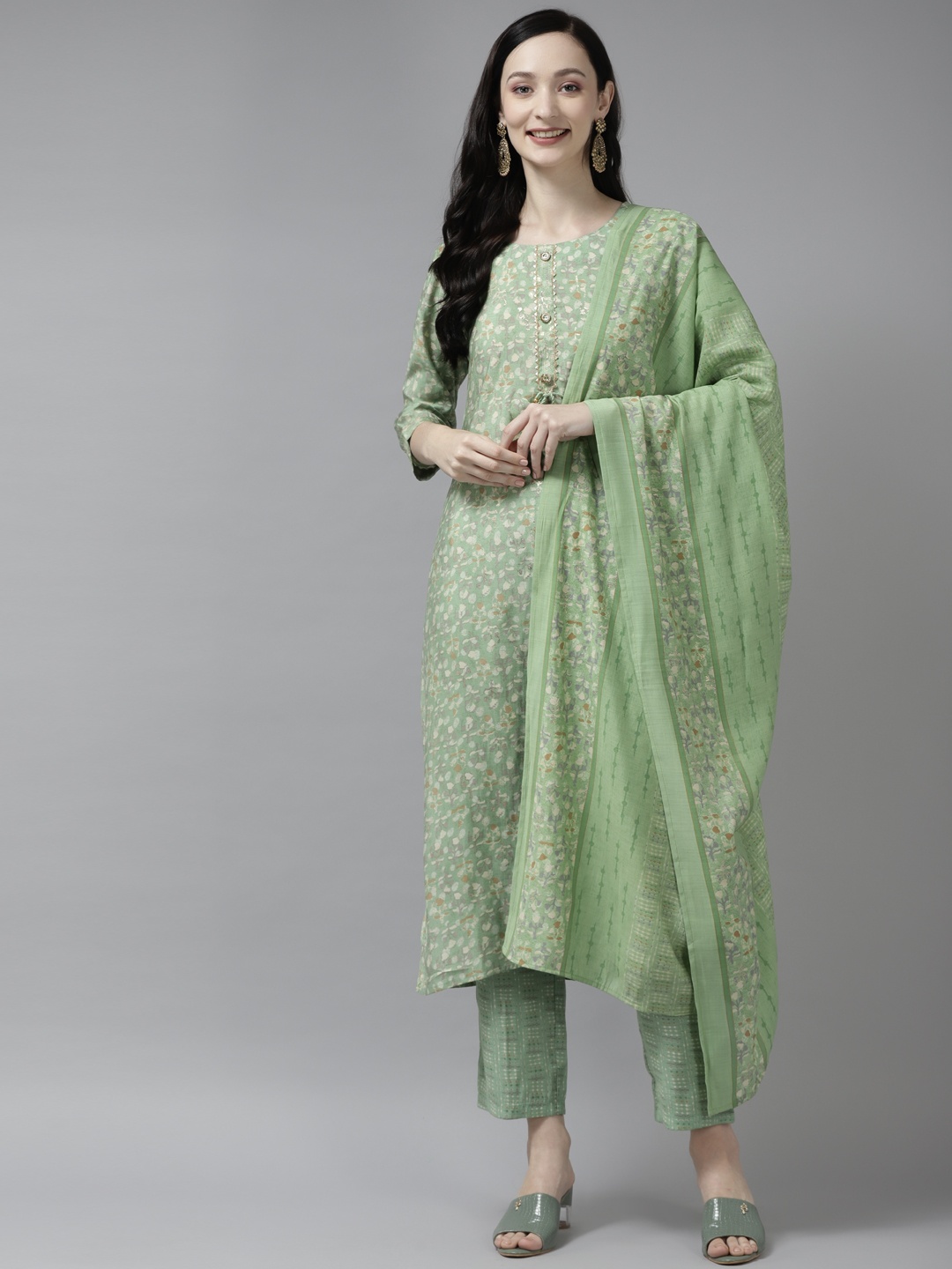 

Yufta Women Ethnic Motifs Printed Kurta With Trousers & With Dupatta, Green