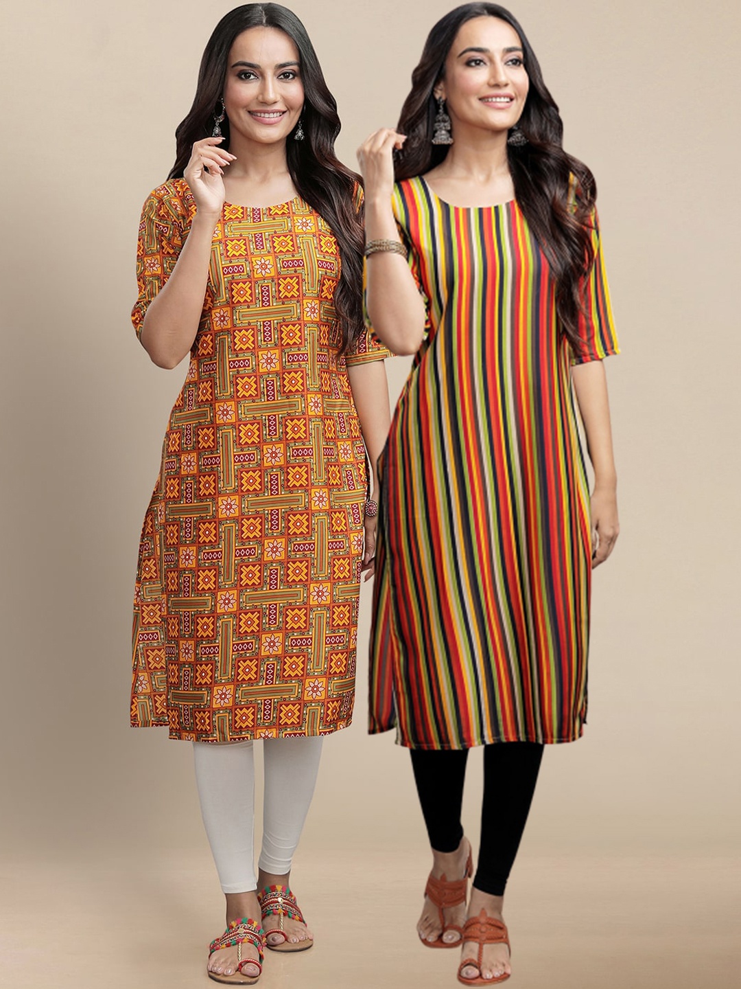

7Threads Women Pack Of 2 Mustard Yellow Printed Crepe Straight Kurta