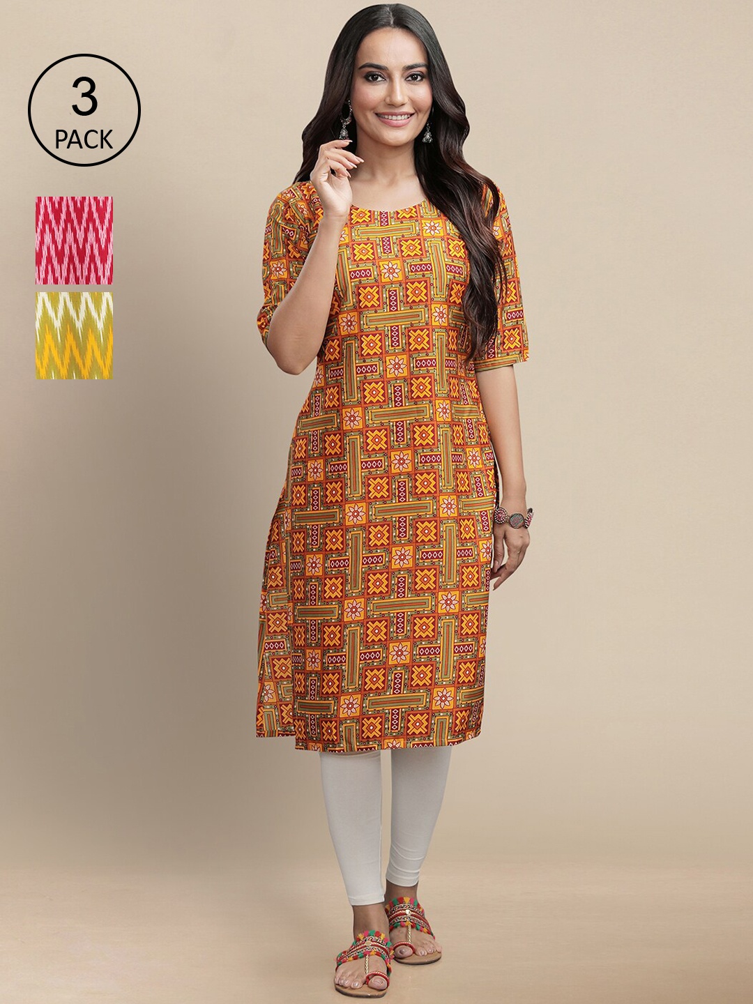 

7Threads Women Pack 2 Geometric Printed Block Print Crepe Kurta, Mustard