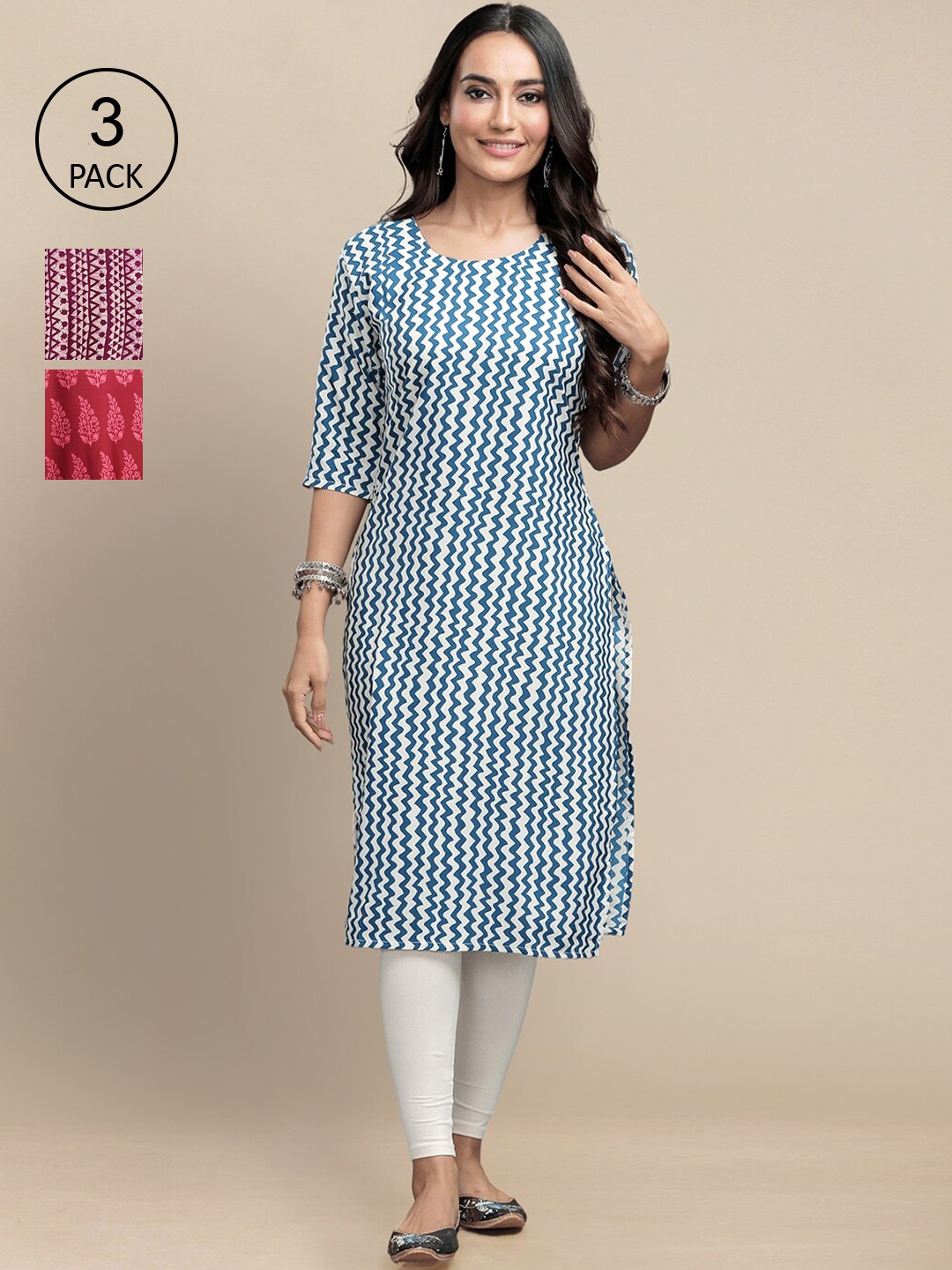 7Threads Women Pack of 2 Geometric Printed Block Print Crepe Kurta, Blue