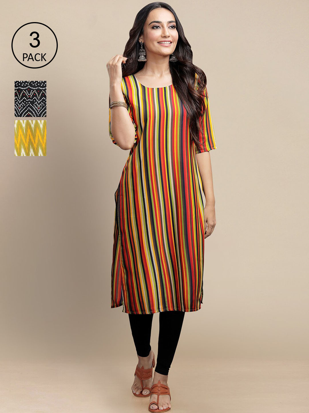 

7Threads Women Pack Of 3 Ethnic Motifs Printed Crepe Kurta, Black