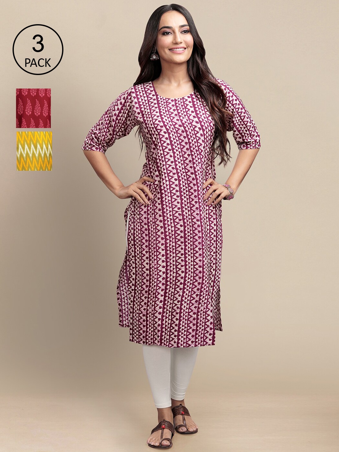 

7Threads Women Pack Of 3 Ethnic Motifs Printed Straight Crepe Kurta, Yellow
