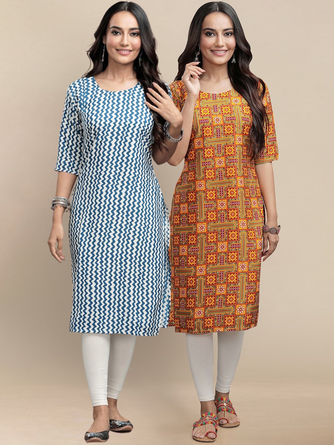 

7Threads Women Blue & Mustard Yellow Geometric Striped Block Print Crepe Kurta