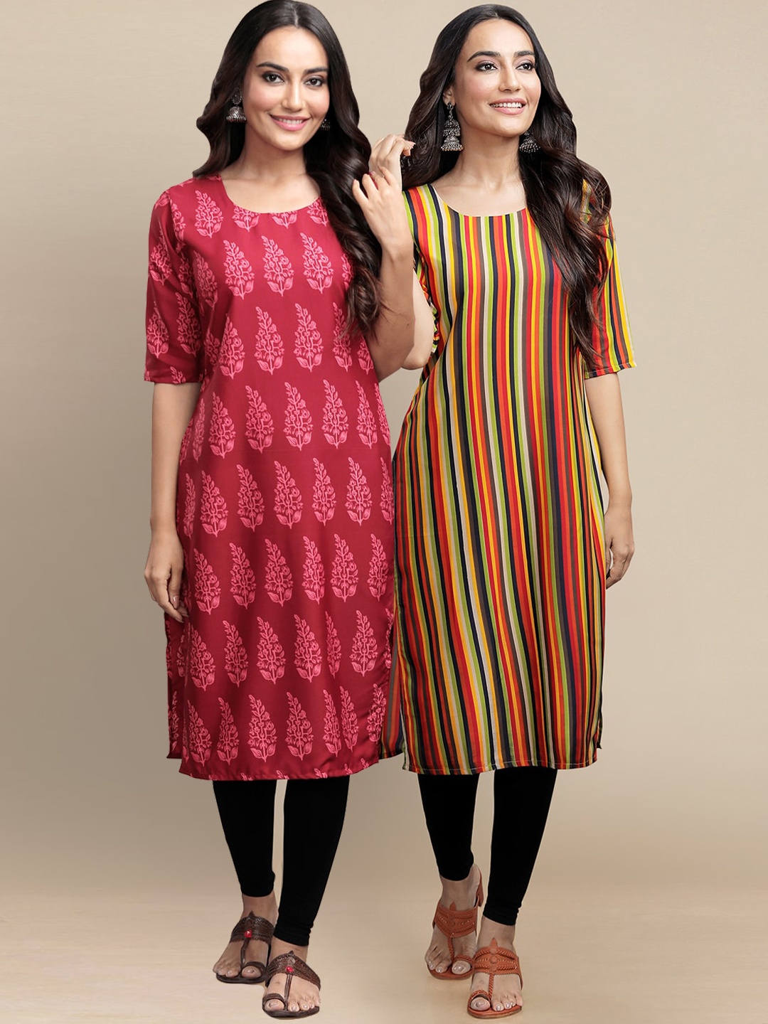 

7Threads Women Red & Mustard Yellow Paisley Printed Block Print Crepe Kurta