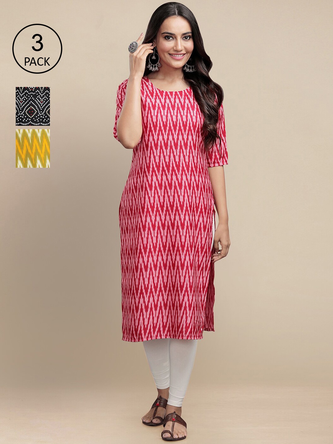 

7Threads Women Red & Yellow Geometric Pack Of 3 Block Print Crepe Kurta