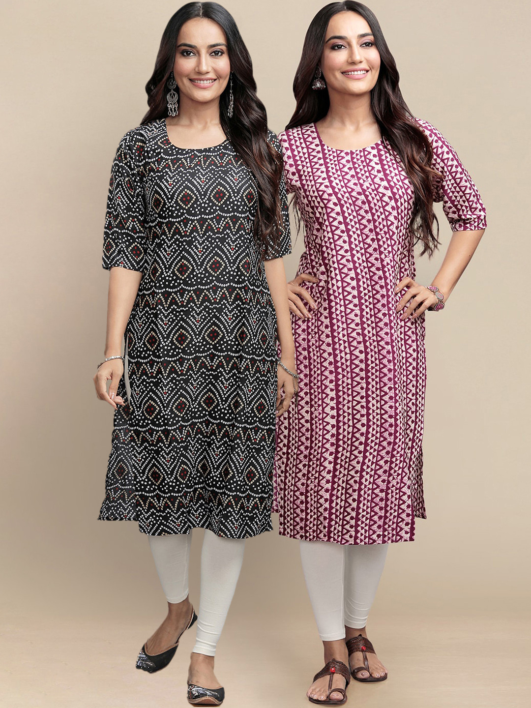 

7Threads Women Black & Brown Chevron Printed Block Print Crepe Kurta