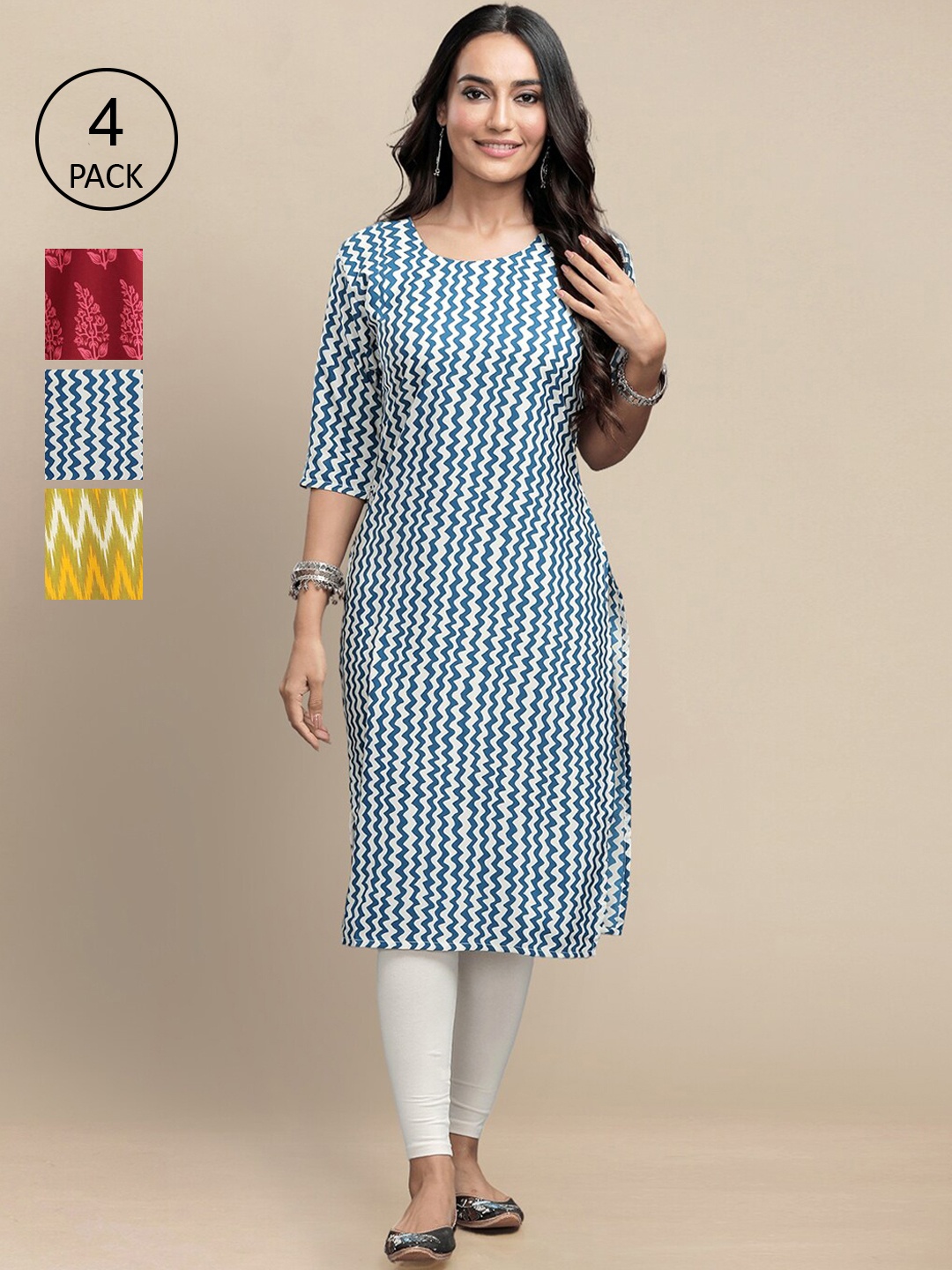 

7Threads Women Blue & Red Printed Block Print Crepe Kurta