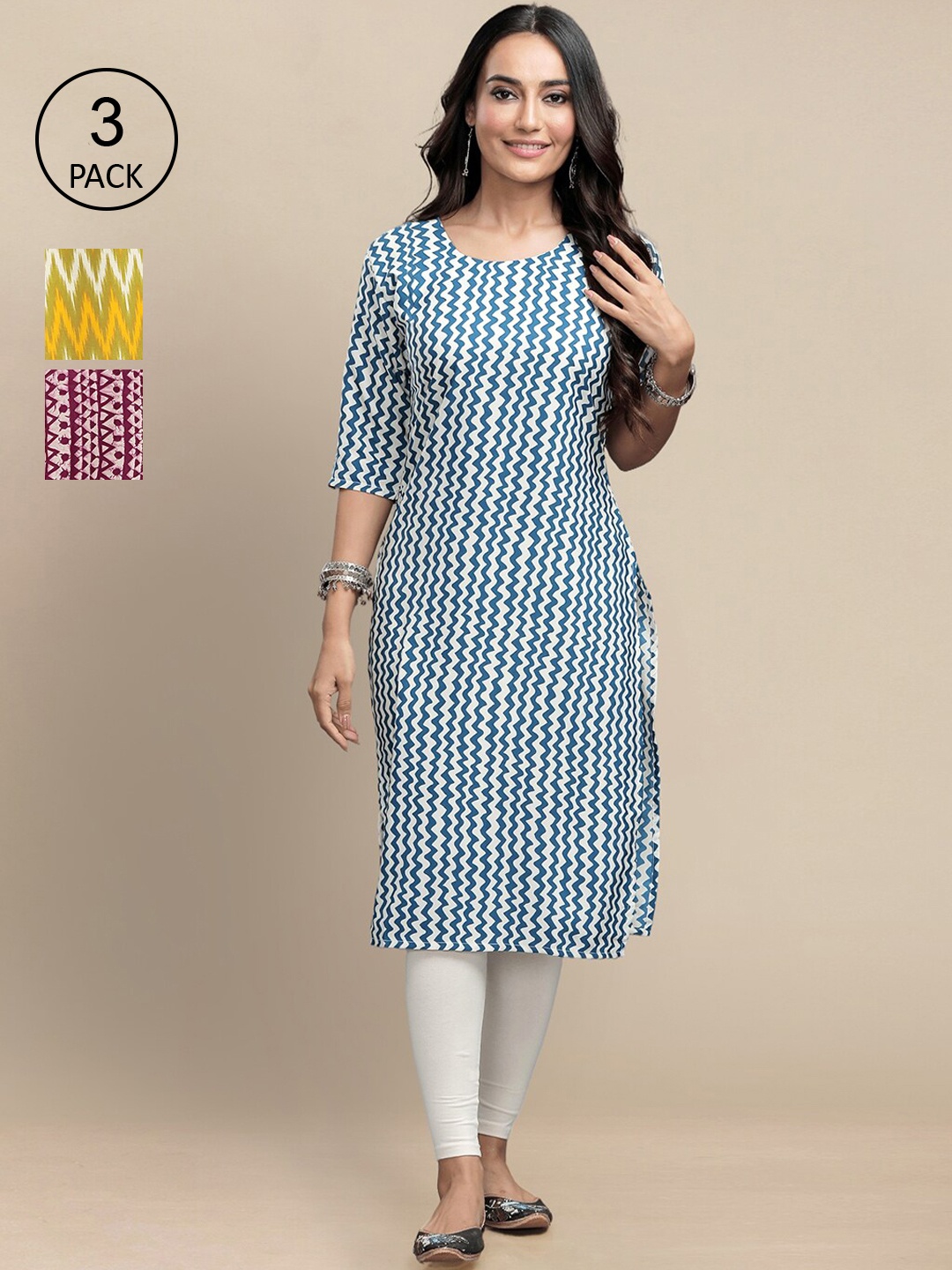 

7Threads Women Blue & Yellow Pack Of 3 Geometric Printed Block Print Crepe Kurta