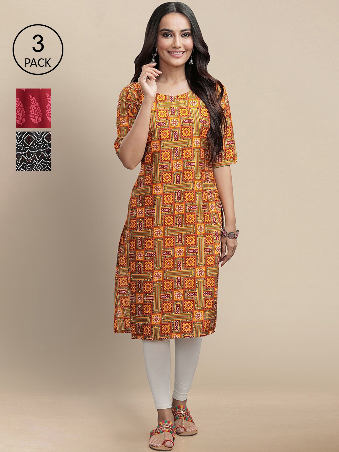 

7Threads Women Red & Black Pack of 3 Printed Block Print Crepe Kurta