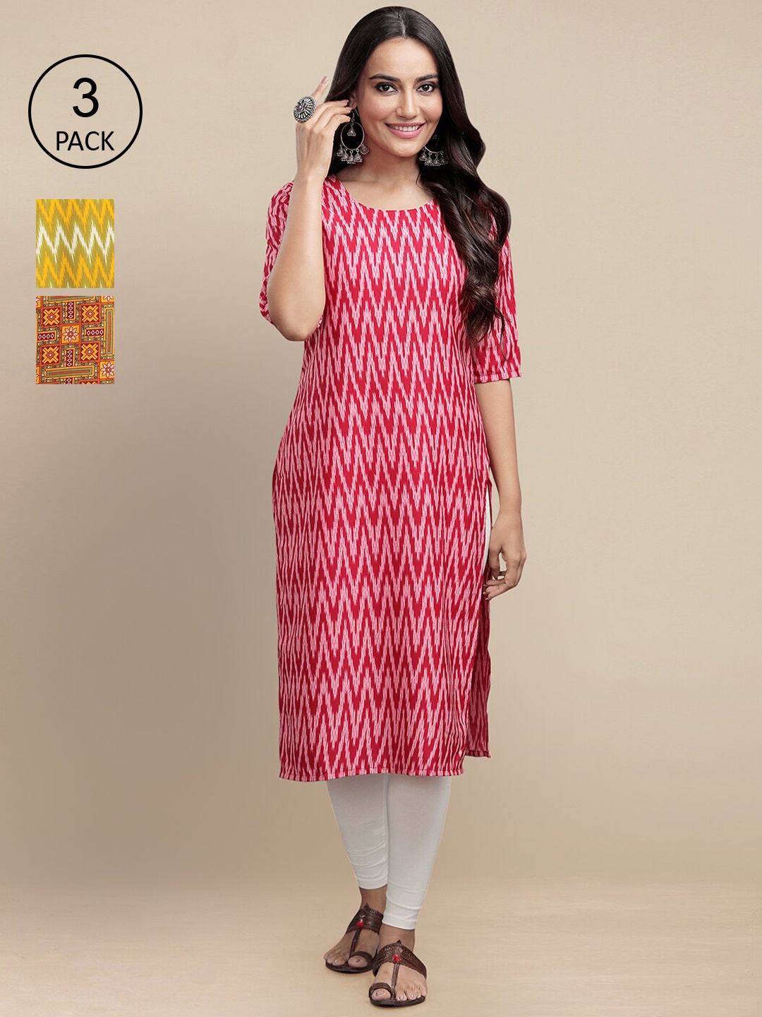 

7Threads Women Pink & Yellow Printed Block Print Crepe Kurta