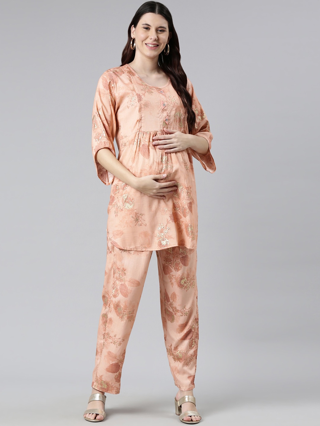 

GOLDSTROMS Women Peach-Coloured Printed Maternity Night Suit