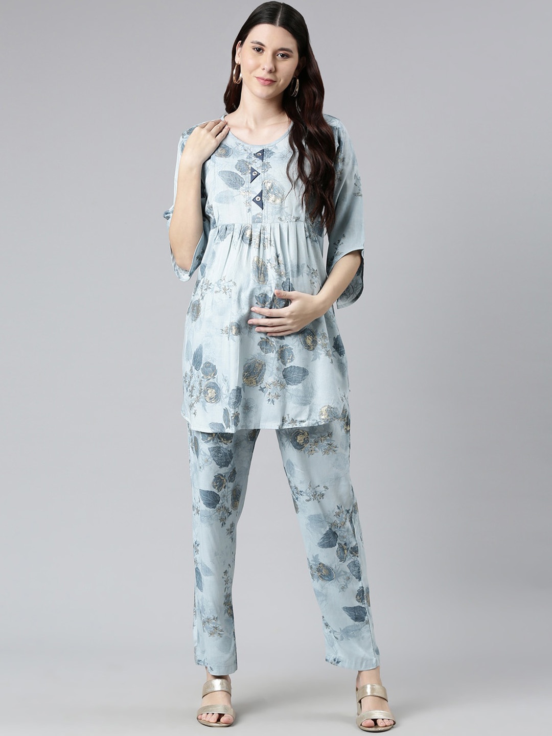 

GOLDSTROMS Women Blue & Grey Printed Feeding Night suit