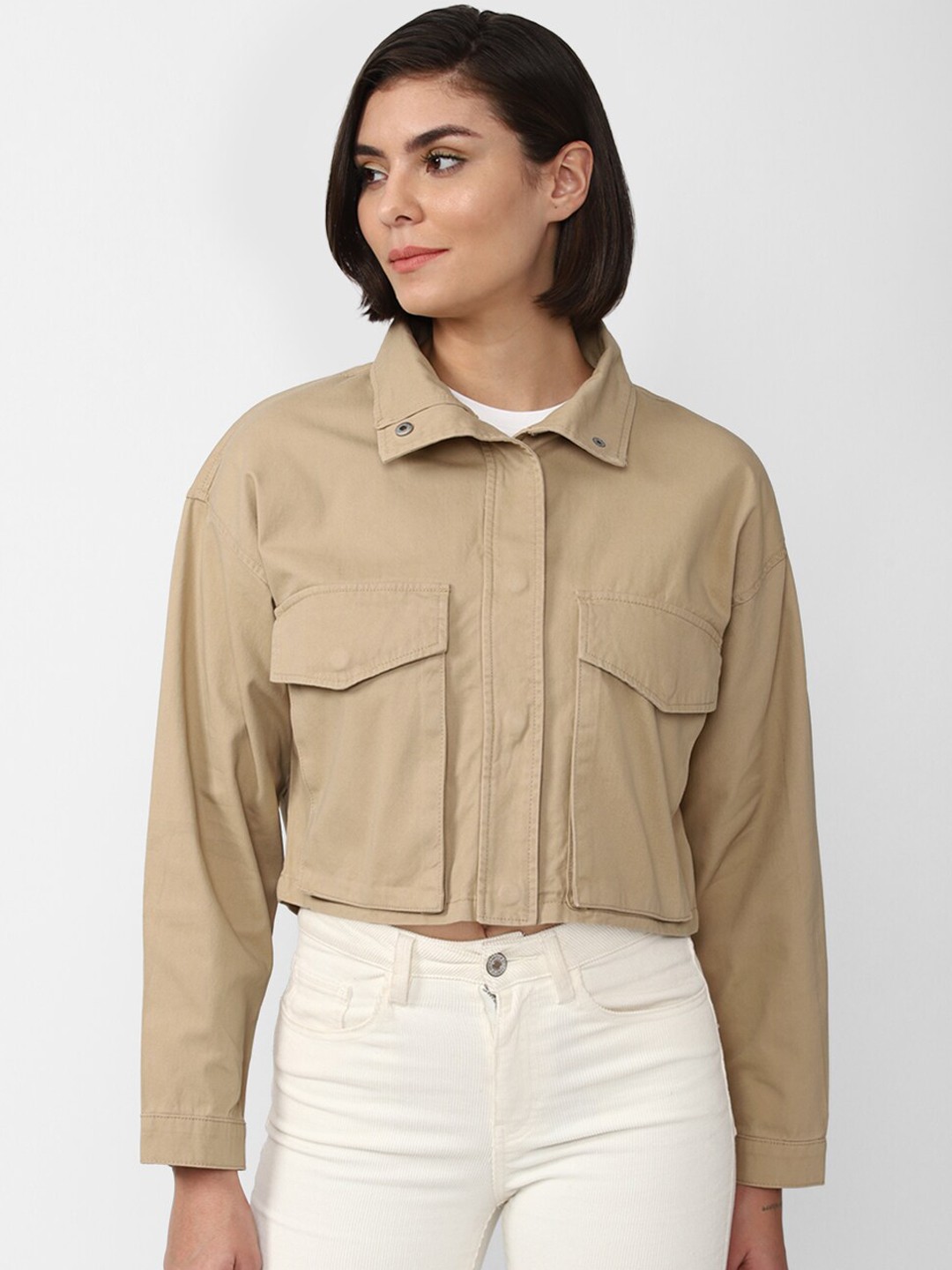 

FOREVER 21 Women Solid Crop Tailored Jacket, Khaki