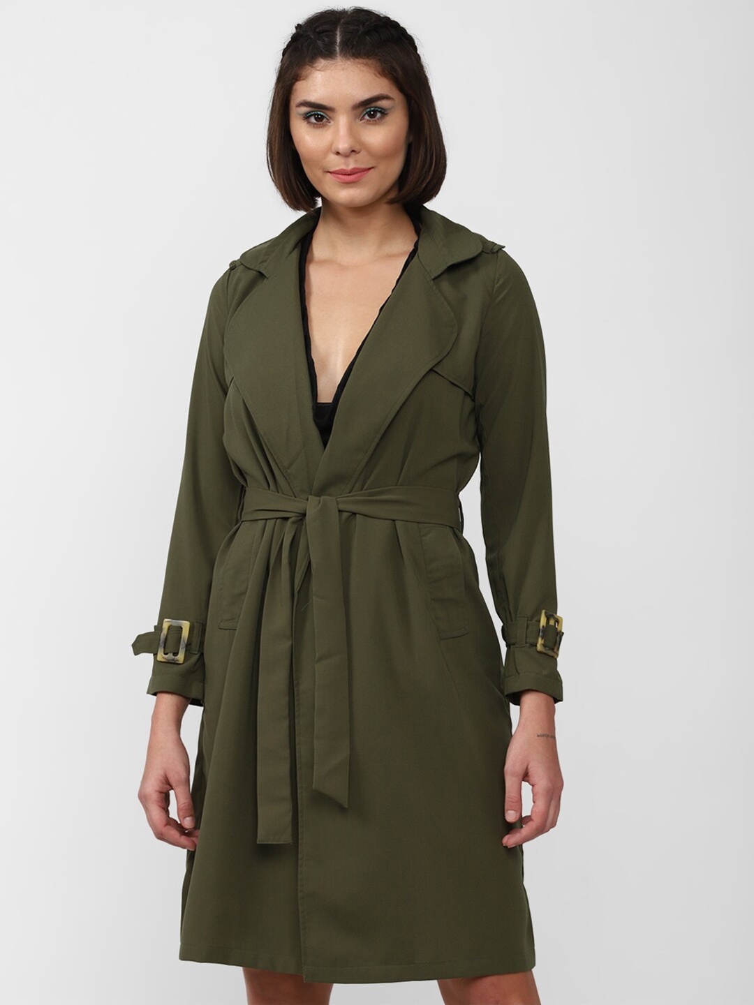 

FOREVER 21 Women Solid Longline Pure Cotton Open Front Jacket, Olive