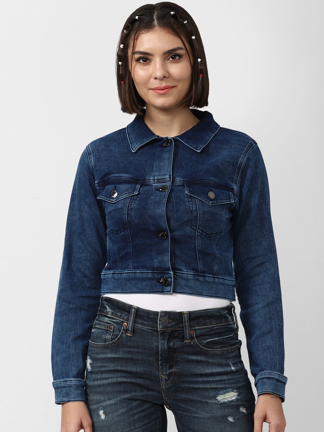 

FOREVER 21 Women Blue Washed Crop Denim Jacket