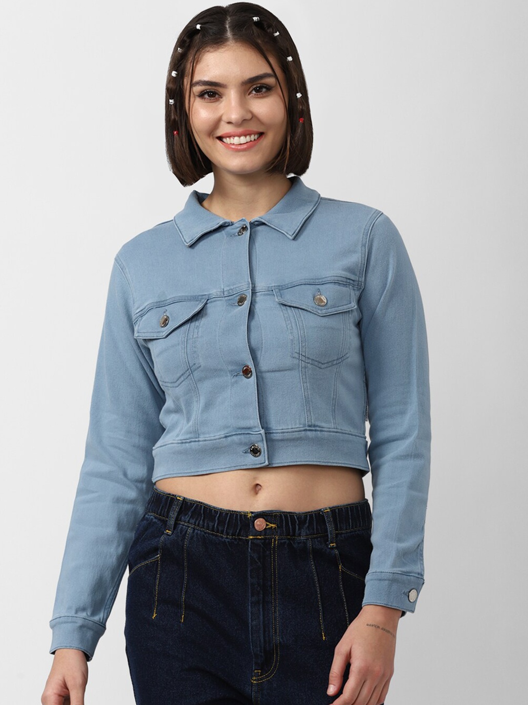 

FOREVER 21 Women Solid Crop Denim Jacket, Blue